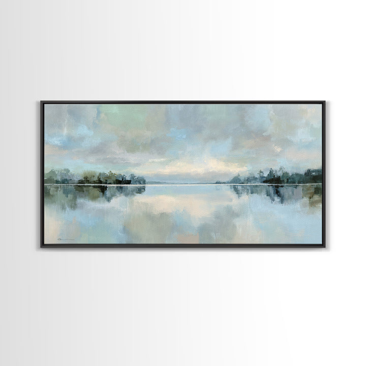 Peaceful Lake Reflection at Dawn Framed Canvas Print, Waiting Room Art, Waiting Room Decor, Oil Painting, Calm, WRA-2x1-24