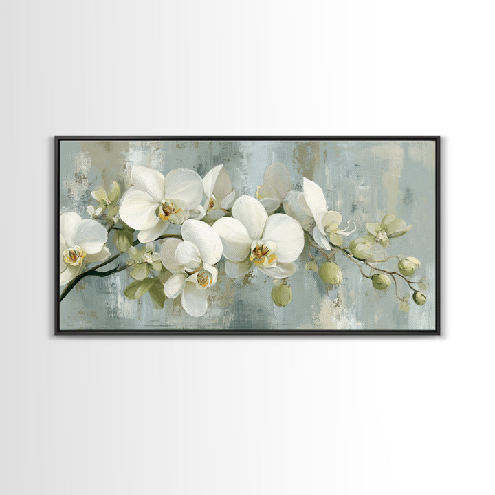 White Orchid on Light Gray Ground Framed Canvas Print, Waiting Room Art, Fine Art Print, Waiting Room Decor, Oil Painting, Calm, WRA-2x1-27