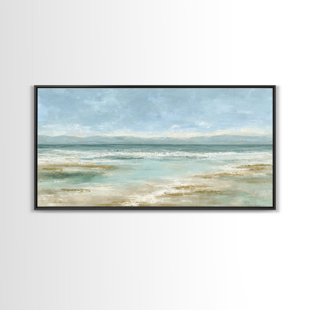 Coastal Horizon with Pale Sand and Water Framed Canvas Print, Waiting Room Art, Art, Waiting Room Decor, Fine Art, Calm, WRA-2x1-29