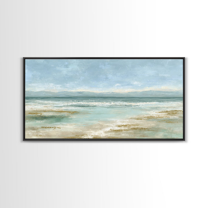Coastal Horizon with Pale Sand and Water Framed Canvas Print, Waiting Room Art, Art, Waiting Room Decor, Fine Art, Calm, WRA-2x1-29