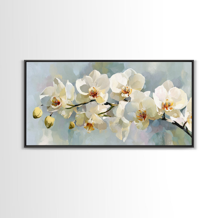 White Orchid on Light Gray Ground Framed Canvas Print, Waiting Room Art, Wall Sculpture, Waiting Room Decor, Fine Art, Calm, WRA-2x1-3