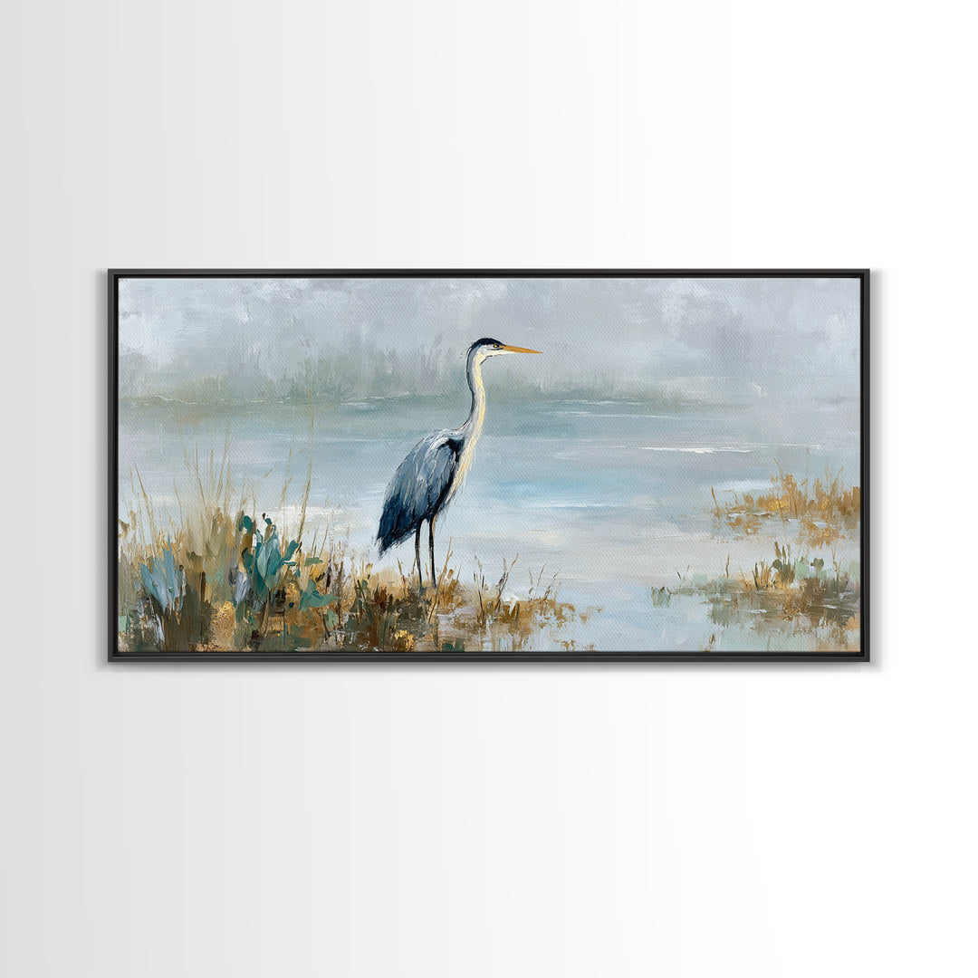 Blue Heron in Quiet Marsh Canvas Print, Waiting Room Art, Waiting Room Decor, Oil Painting, Calm, Living Room Wall Art, WRA-2x1-32