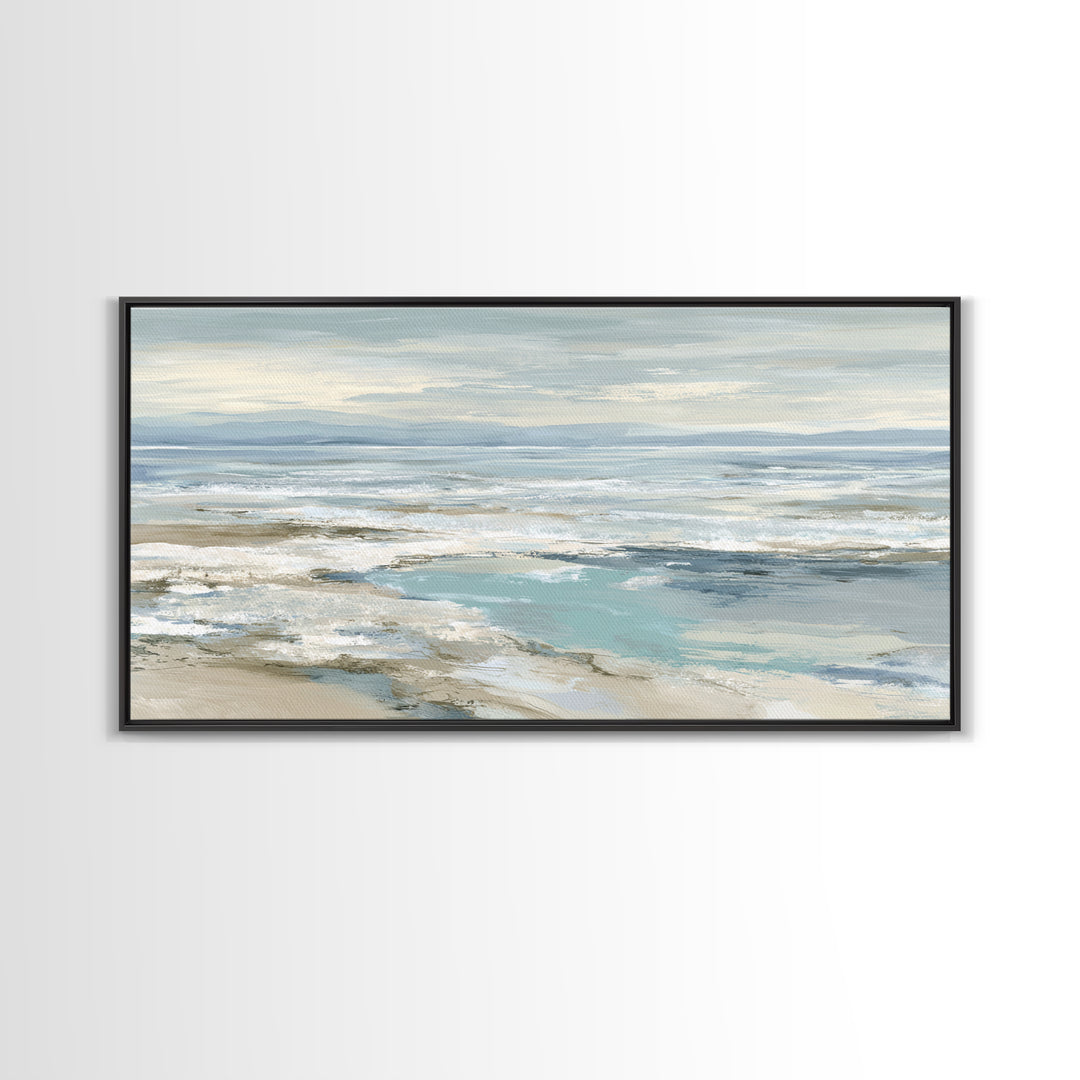 Coastal Horizon with Pale Sand and Water Framed Canvas Print, Waiting Room Art, Art, Waiting Room Decor, Fine Art, Calm, WRA-2x1-5