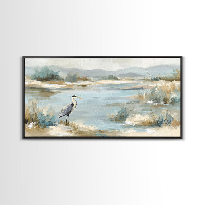 Blue Heron in Quiet Marsh Framed Canvas Print, Waiting Room Art, Office Decor, Waiting Room Decor, Calm, Gallery Wall Art, WRA-2x1-56