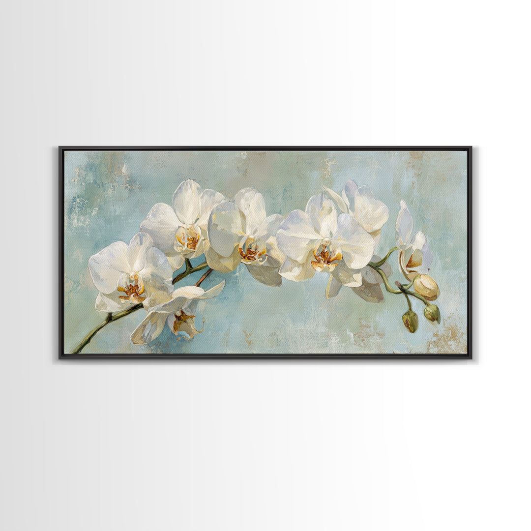 White Orchid on Light Gray Ground Framed Canvas Print, Waiting Room Art, Boho Decor, Waiting Room Decor, Fine Art, Calm, WRA-2x1-75