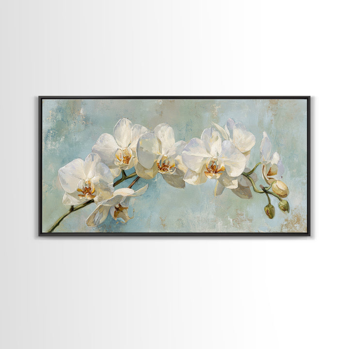 White Orchid on Light Gray Ground Framed Canvas Print, Waiting Room Art, Boho Decor, Waiting Room Decor, Fine Art, Calm, WRA-2x1-75