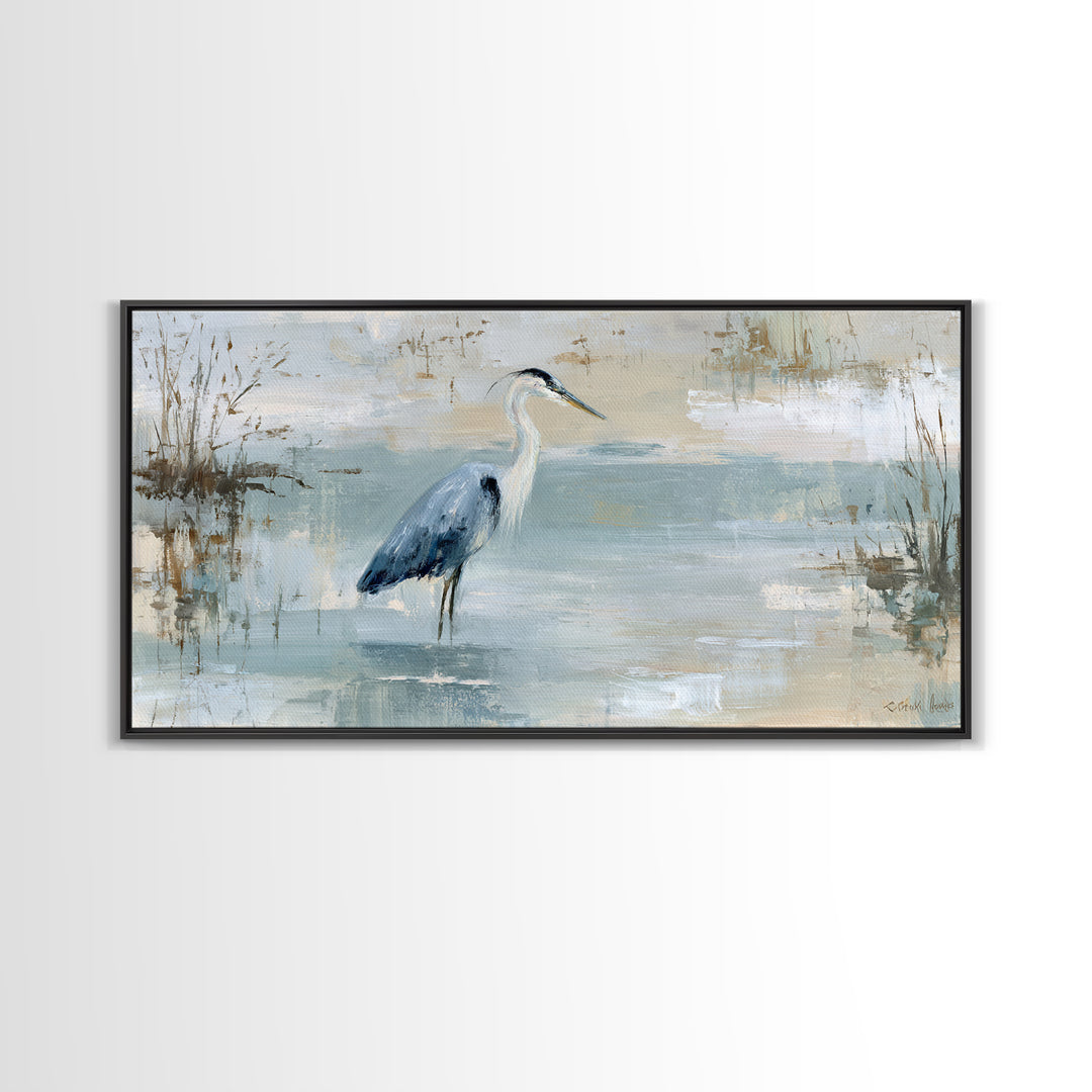 Blue Heron in Quiet Marsh Framed Canvas Print, Waiting Room Art, Office Wall Decor, Waiting Room Decor, Fine Art, Calm, WRA-2x1-80