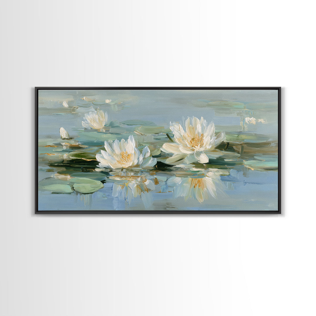 Lotus Flower on Still Water Framed Canvas Print, Waiting Room Art, Contemporary Art, Waiting Room Decor, Oil Painting, Calm, WRA-2x1-83