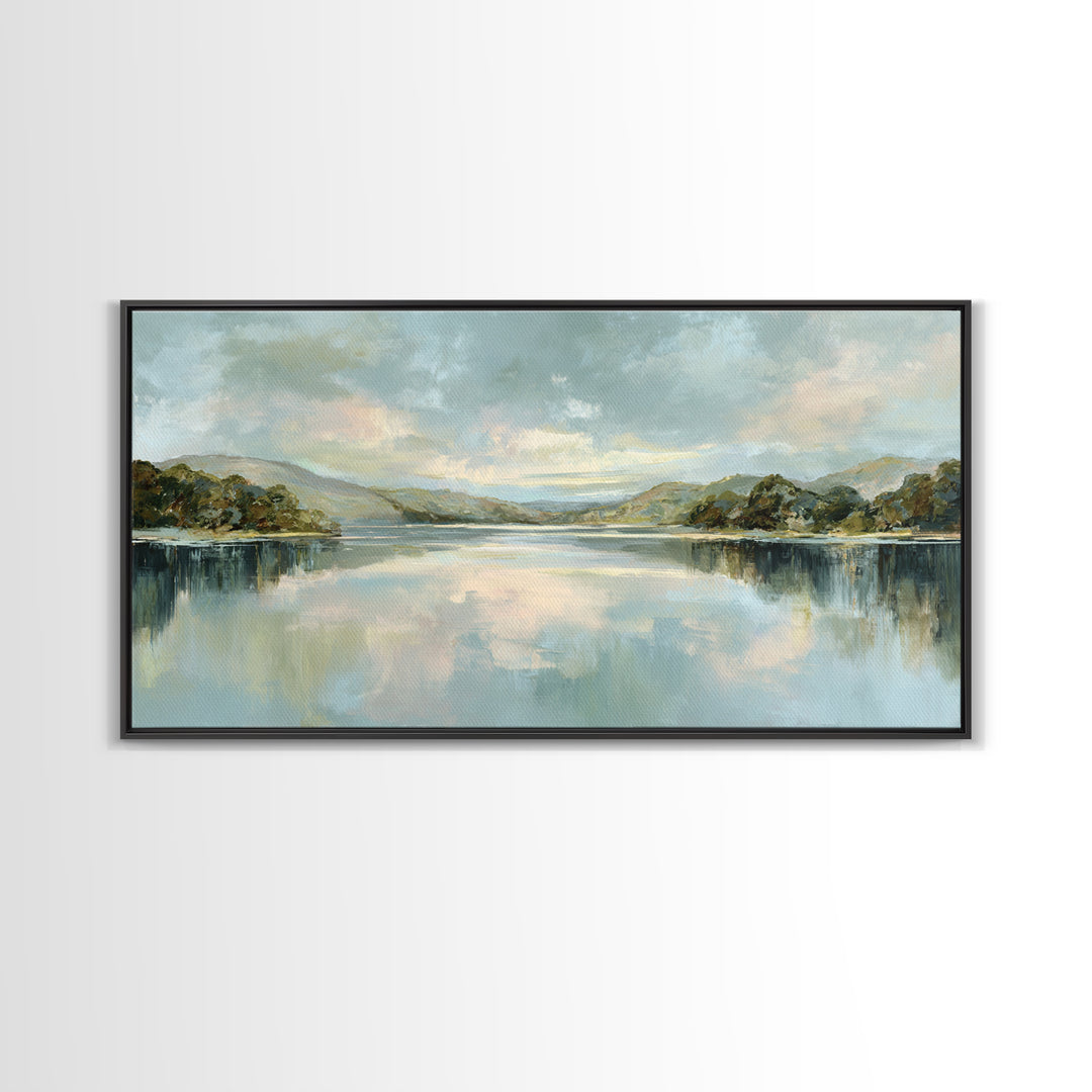 Peaceful Lake Reflection at Dawn Framed Canvas Print, Waiting Room Art, Abstract, Waiting Room Decor, Fine Art, Calm, WRA-2x1-96