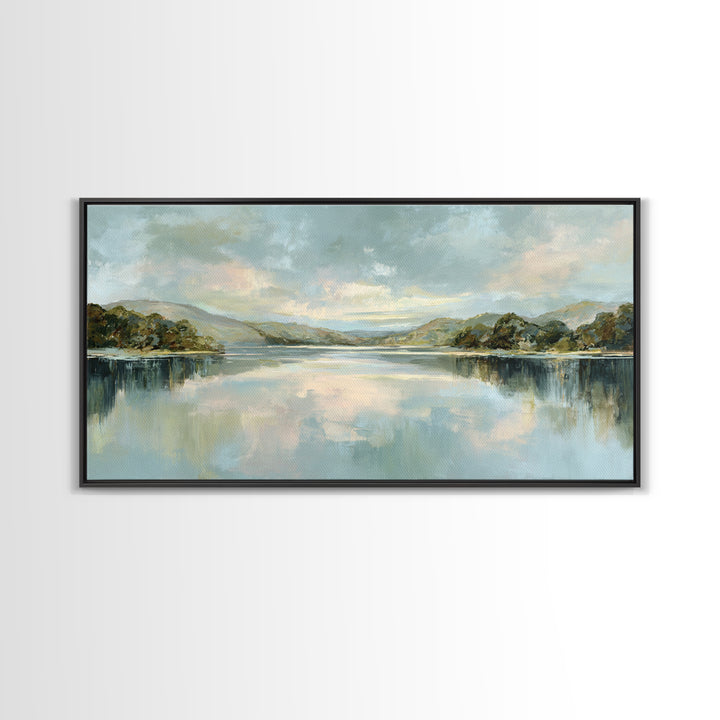 Peaceful Lake Reflection at Dawn Framed Canvas Print, Waiting Room Art, Abstract, Waiting Room Decor, Fine Art, Calm, WRA-2x1-96