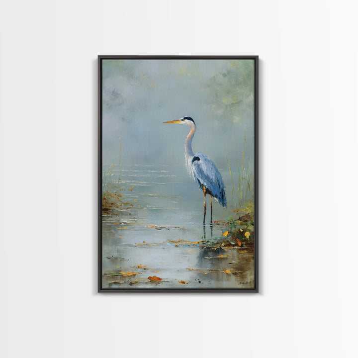Blue Heron in Quiet Marsh Framed Canvas Print, Waiting Room Art, Original Art, Waiting Room Decor, Oil Painting, Calm, WRA-2x3-20