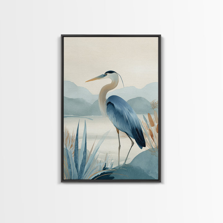 Blue Heron in Quiet Marsh Framed Canvas Print, Waiting Room Art, Fine Art, Waiting Room Decor, Watercolor Art, Calm, WRA-2x3-44