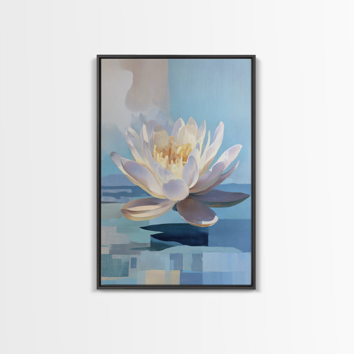 Lotus Flower on Still Water Framed Canvas Print, Waiting Room Art, Wall Art, Waiting Room Decor, Calm, Floral Wall Art, WRA-2x3-47
