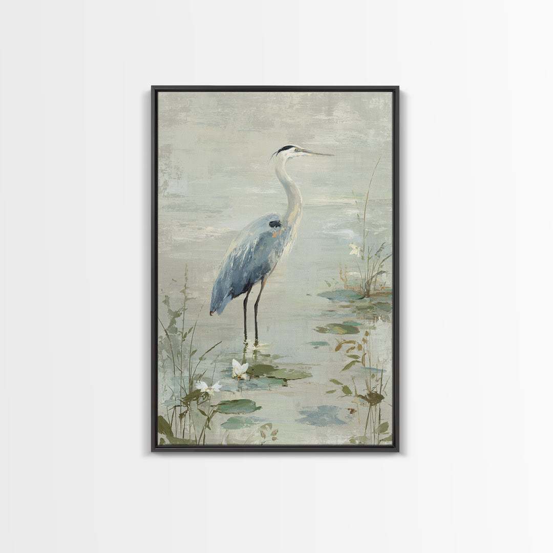 Blue Heron in Quiet Marsh Framed Canvas Print, Waiting Room Art, Bedroom Decor, Waiting Room Decor, Fine Art, Calm, Abstract, WRA-2x3-68