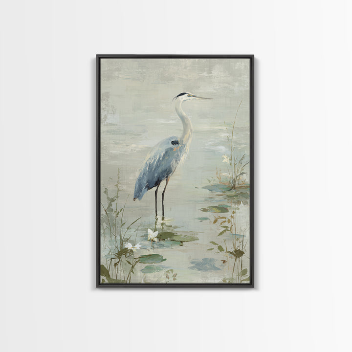 Blue Heron in Quiet Marsh Framed Canvas Print, Waiting Room Art, Bedroom Decor, Waiting Room Decor, Fine Art, Calm, Abstract, WRA-2x3-68