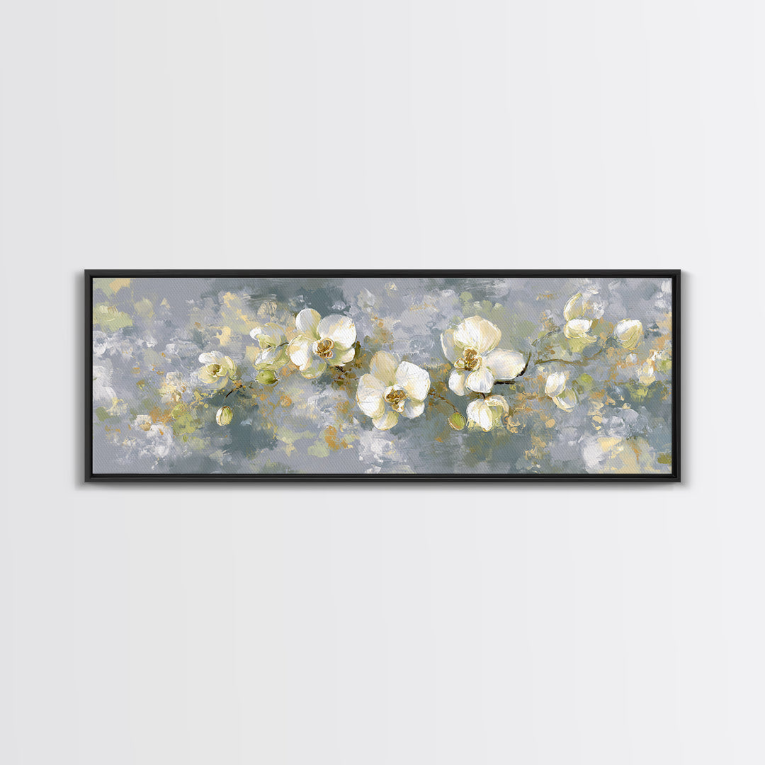 White Orchid on Light Gray Ground Framed Canvas Print, Waiting Room Art, Boho Decor, Waiting Room Decor, Fine Art, Calm, WRA-3x1-23