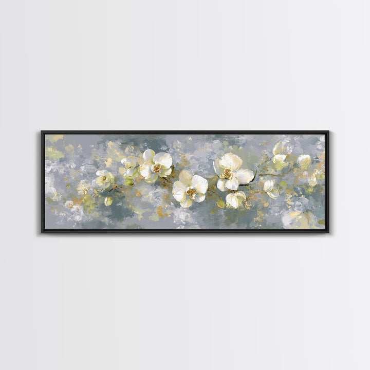 White Orchid on Light Gray Ground Framed Canvas Print, Waiting Room Art, Boho Decor, Waiting Room Decor, Fine Art, Calm, WRA-3x1-23
