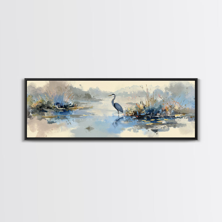 Blue Heron in Quiet Marsh Framed Canvas Print, Waiting Room Art, Dental Art, Waiting Room Decor, Oil Painting, Calm, WRA-3x1-28