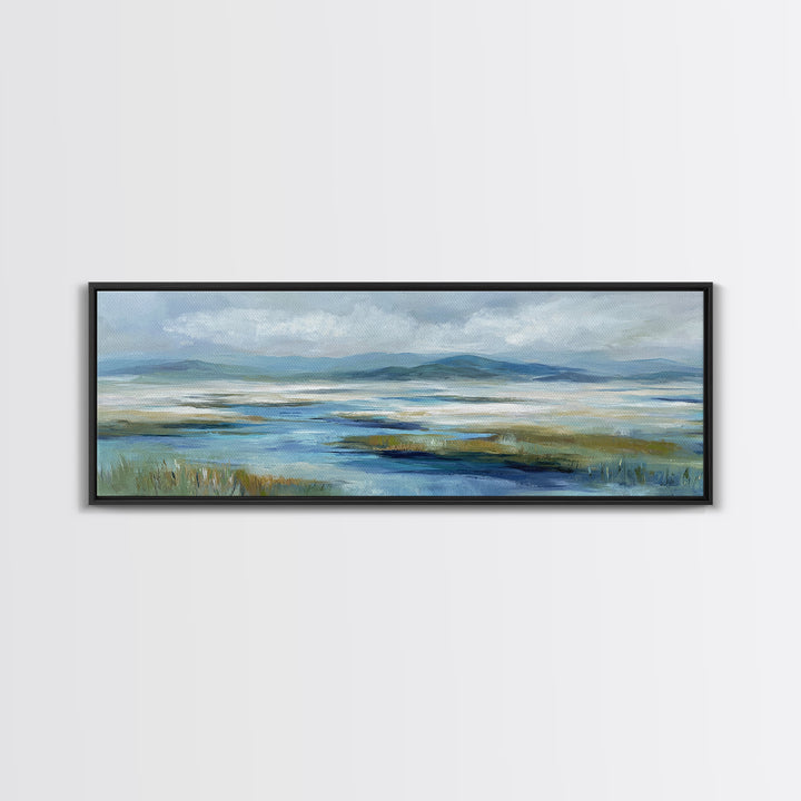 Blue Heron in Quiet Marsh Canvas Print, Waiting Room Art, Dental Wall Art, Waiting Room Decor, Watercolor Art, Calm, WRA-3x1-4
