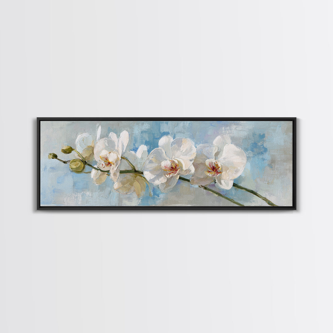 White Orchid on Light Gray Ground Framed Canvas Print, Waiting Room Art, Wall Decor, Waiting Room Decor, Oil Painting, Calm, WRA-3x1-47