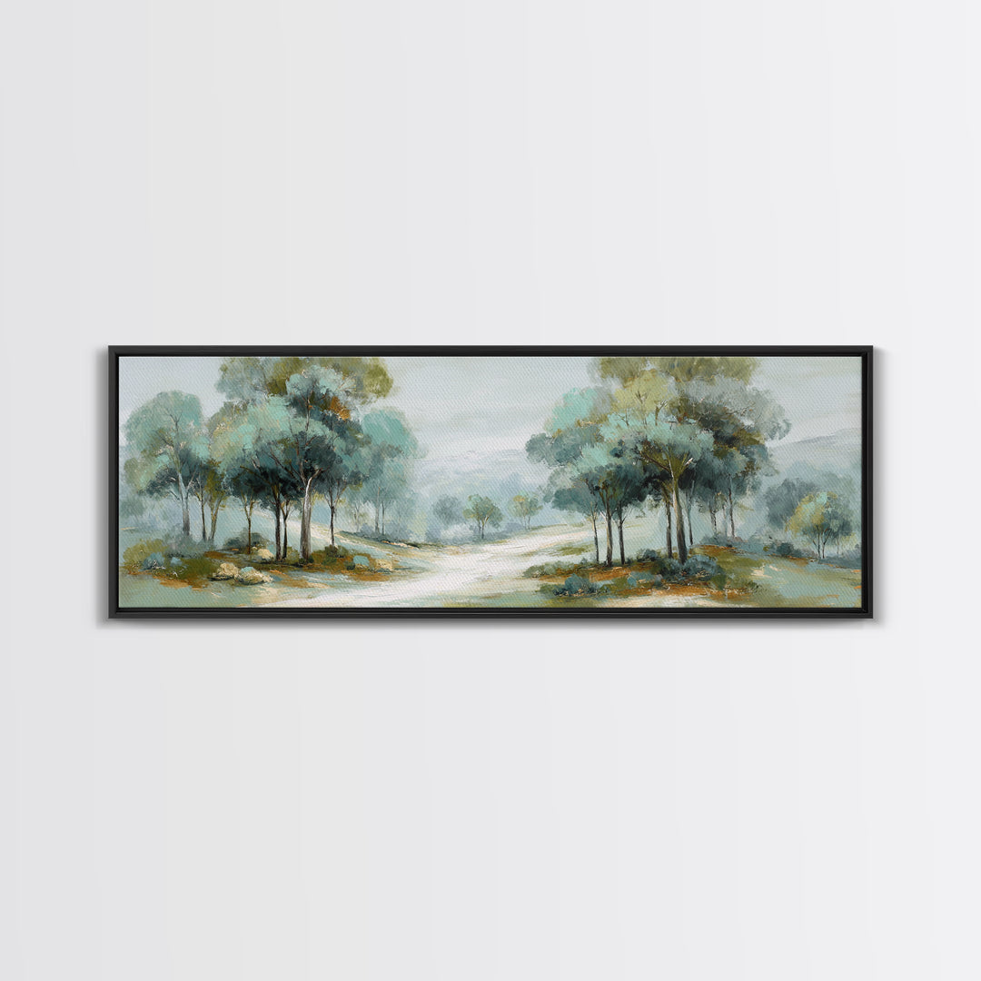 Misty Forest Path Framed Canvas Print, Waiting Room Art, Waiting Room Decor, Oil Painting, Calm, Office Wall Decor, WRA-3x1-51
