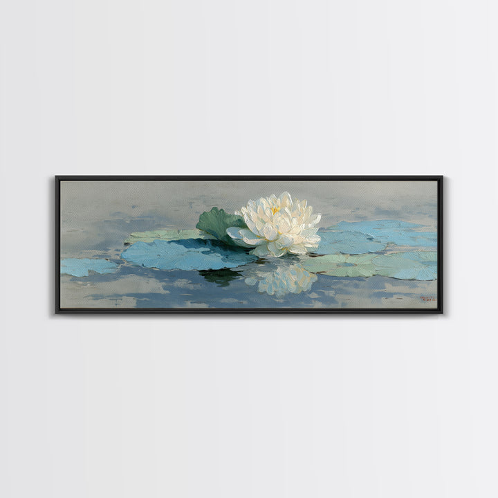 Lotus Flower on Still Water Framed Canvas Print, Waiting Room Art, Contemporary Art, Waiting Room Decor, Oil Painting, Calm, WRA-3x1-55