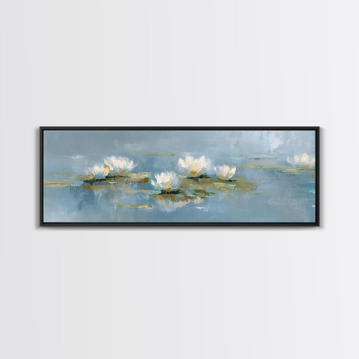 Lotus Flower on Still Water Framed Canvas Print, Waiting Room Art, Neutral Decor, Waiting Room Decor, Fine Art, Calm, WRA-3x1-7