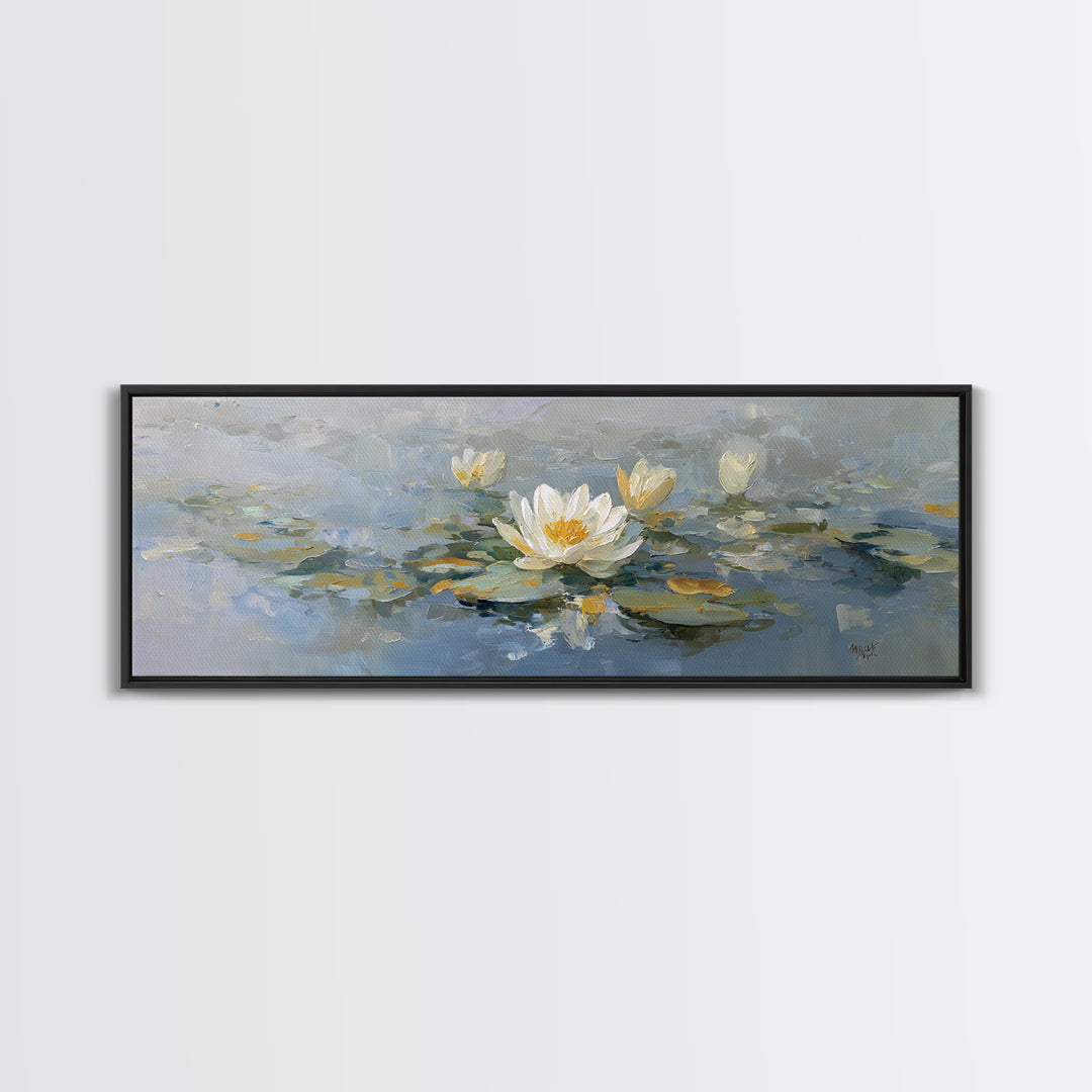Lotus Flower on Still Water Framed Canvas Print, Waiting Room Art, Wall Sculpture, Waiting Room Decor, Watercolor Art, Calm, WRA-3x1-79