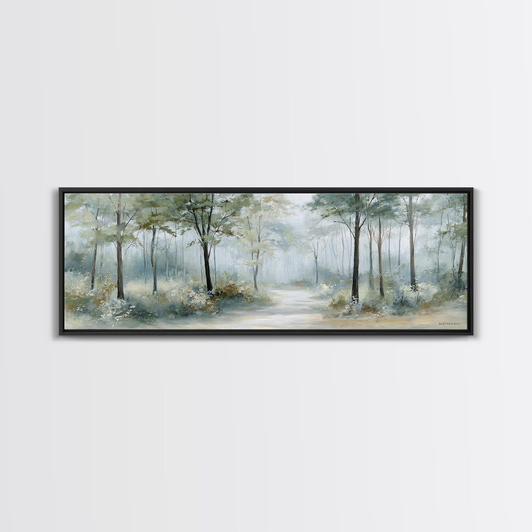 Misty Forest Path Framed Canvas Print, Waiting Room Art, Waiting Room Decor, Oil Painting, Calm, Office Wall Art, WRA-3x1-99