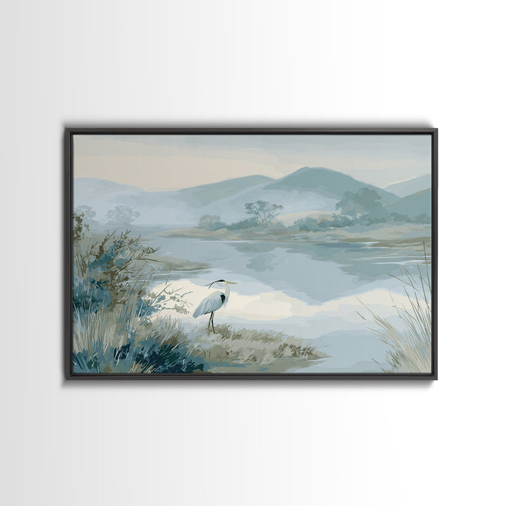 Blue Heron in Quiet Marsh Framed Canvas Print, Waiting Room Art, Landscape, Waiting Room Decor, Oil Painting, Calm, WRA-3x2-40