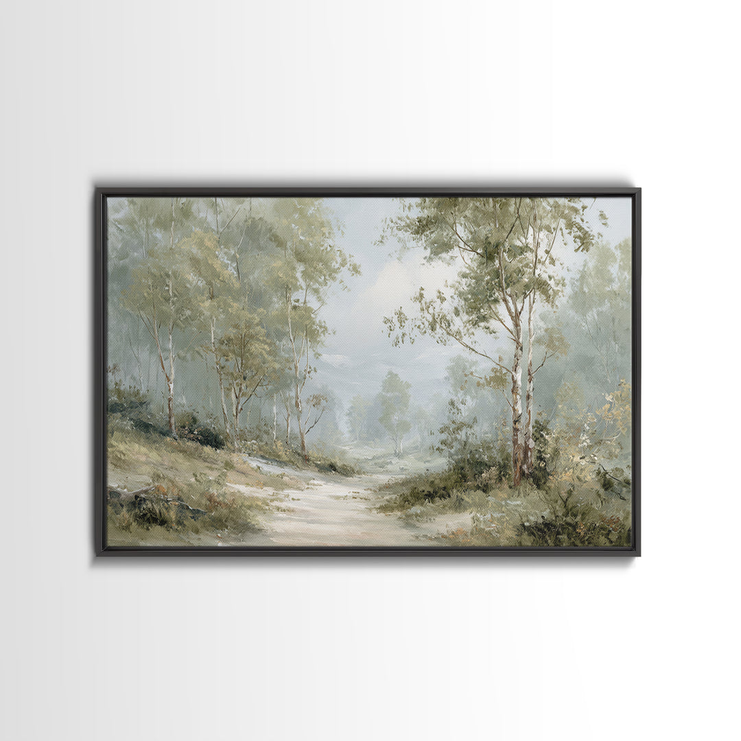 Misty Forest Path Framed Canvas Print, Waiting Room Art, Wall Sculpture, Waiting Room Decor, Oil Painting, Calm, Dog Wall Art, WRA-3x2-63