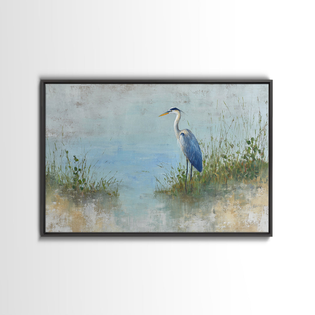 Blue Heron in Quiet Marsh Framed Canvas Print, Waiting Room Art, Gallery Decor, Waiting Room Decor, Abstract Art, Calm, WRA-3x2-64