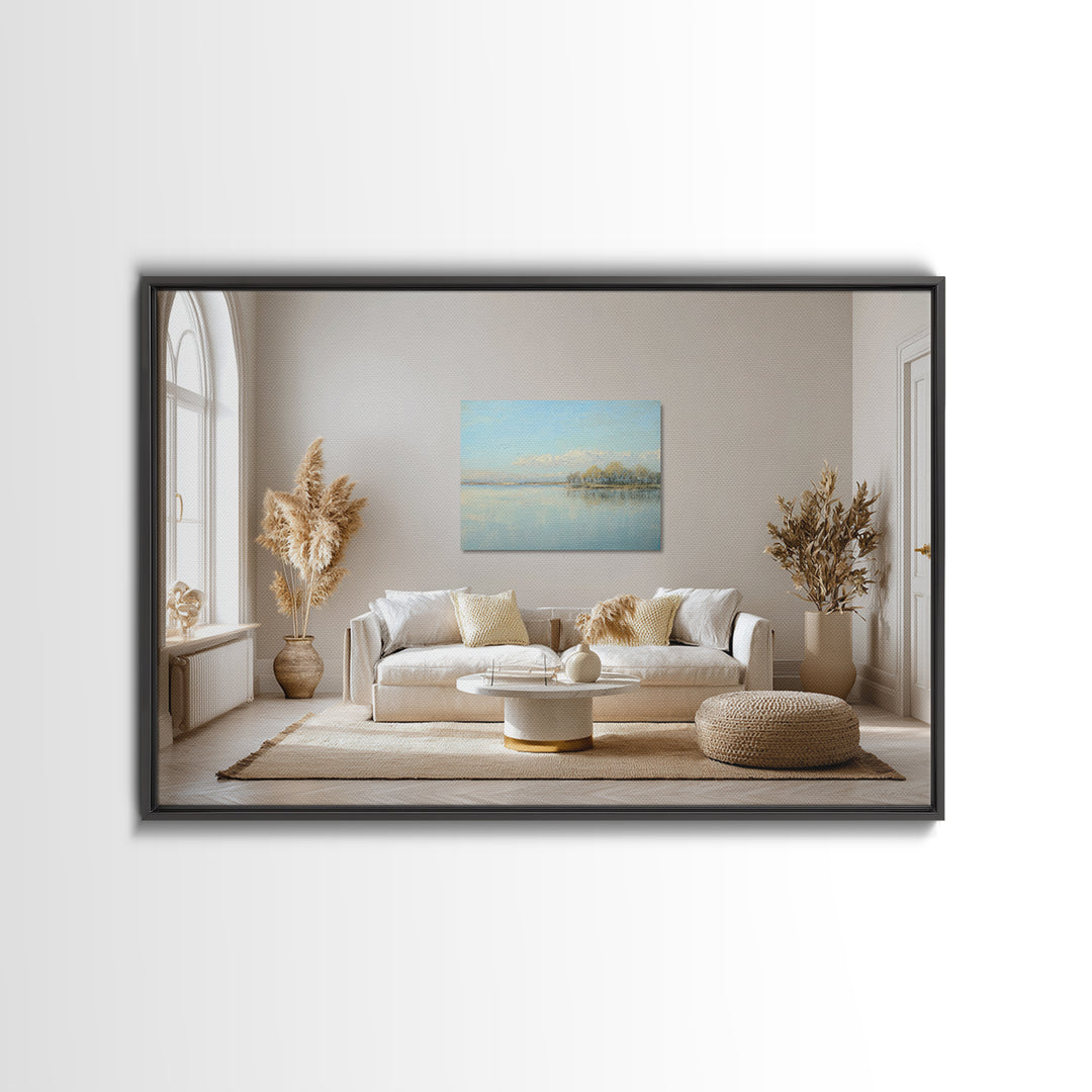 Peaceful Lake Reflection at Dawn Framed Canvas Print, Waiting Room Art, Living Room Wall Art, Waiting Room Decor, Calm, WRA-3x2-8
