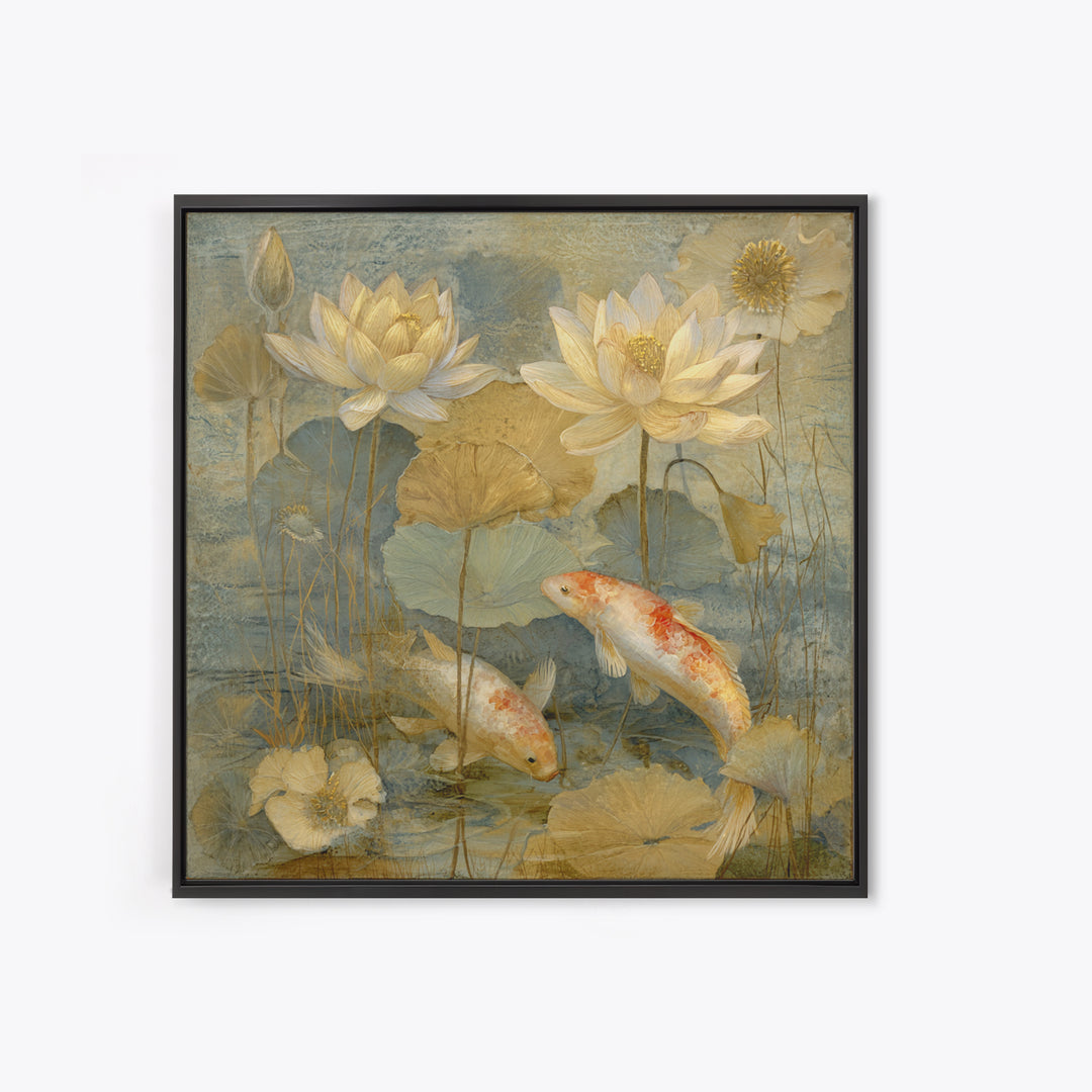 Lotus and Koi Water Scene Framed Canvas Print, Yoga Studio Art, Minimalist Art, Yoga Studio Decor, Fine Art, Balance, YSA-1x1-46