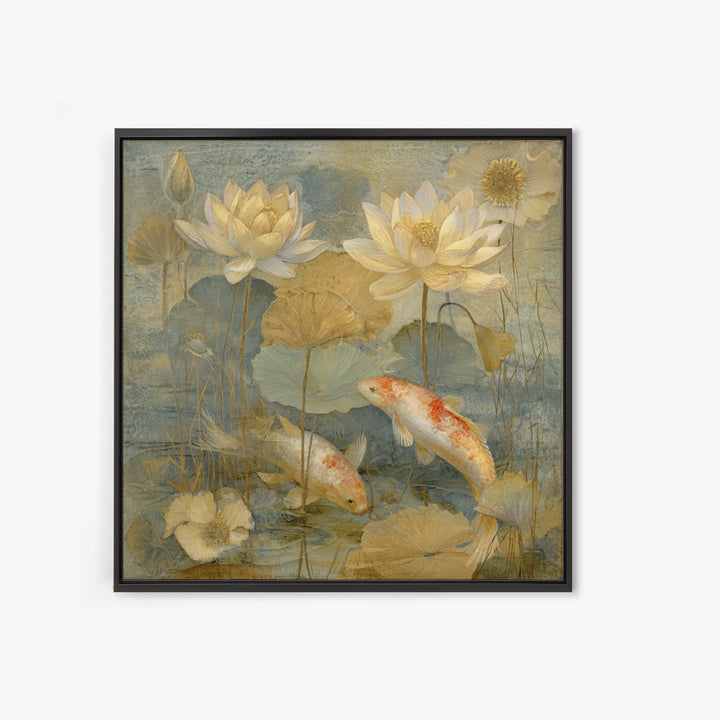 Lotus and Koi Water Scene Framed Canvas Print, Yoga Studio Art, Minimalist Art, Yoga Studio Decor, Fine Art, Balance, YSA-1x1-46