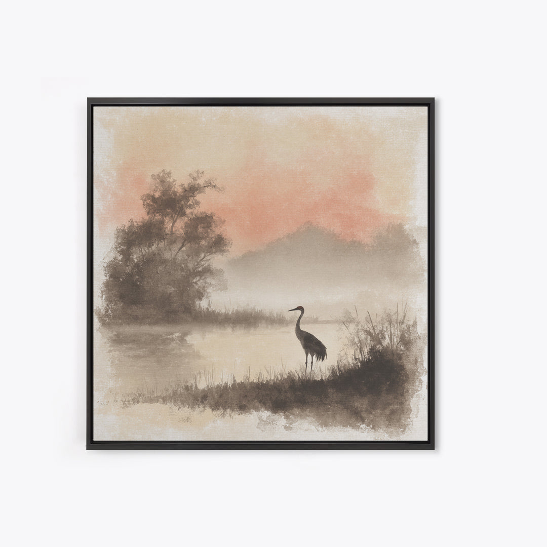 White Crane in Misty Morning Framed Canvas Print, Yoga Studio Art, Gym Art, Yoga Studio Decor, Balance, Minimalist Decor, YSA-1x1-63