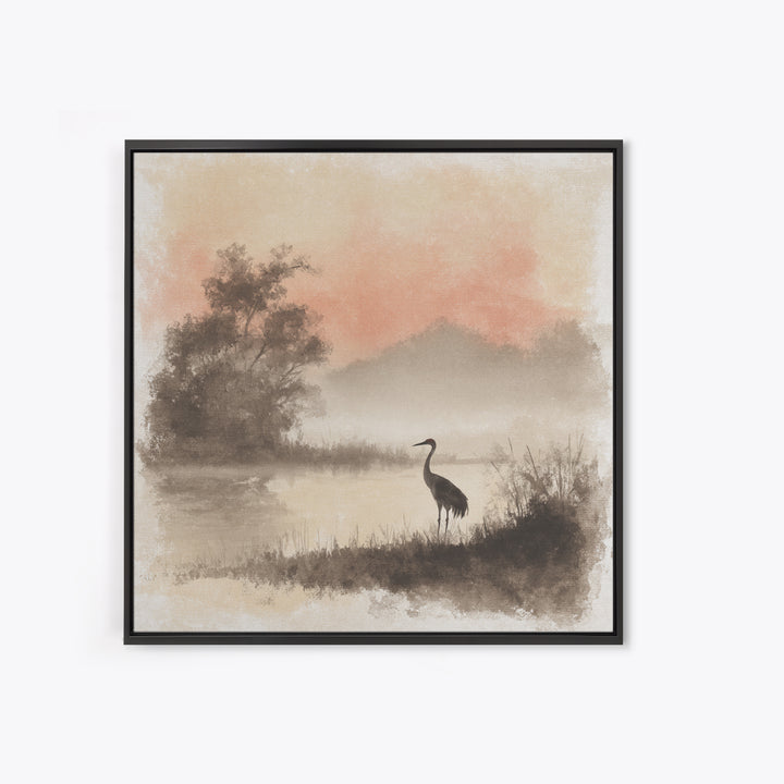 White Crane in Misty Morning Framed Canvas Print, Yoga Studio Art, Gym Art, Yoga Studio Decor, Balance, Minimalist Decor, YSA-1x1-63