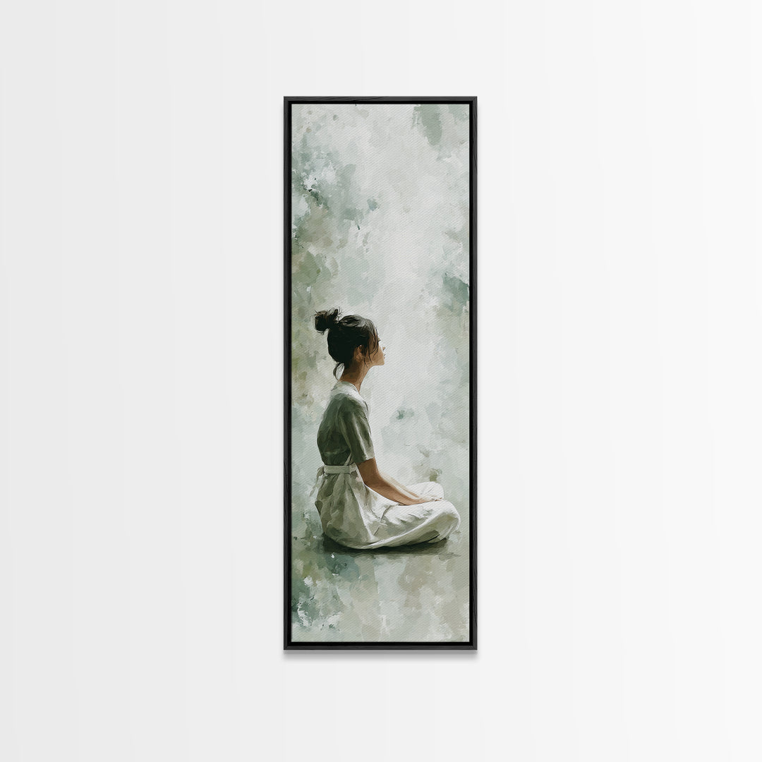 Soft Watercolor Aura Around Seated Figure Framed Canvas Print, Yoga Studio Art, Mandala Wall Art, Yoga Studio Decor, Balance, YSA-1x3-83