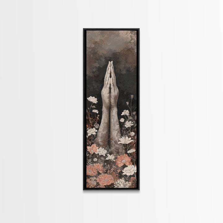 Yoga Hands in Prayer with Small Flowers Canvas Print, Yoga Studio Art, Feminine Wall Art, Yoga Studio Decor, Oil Painting, YSA-1x3-95