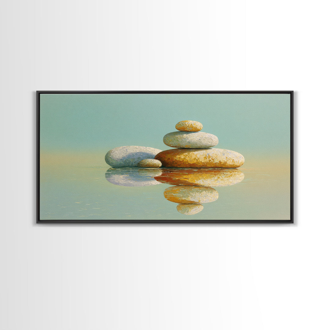 Balanced Stones Beside Calm Water Framed Canvas Print, Yoga Studio Art, Living Room Wall Art, Yoga Studio Decor, Balance, YSA-2x1-72