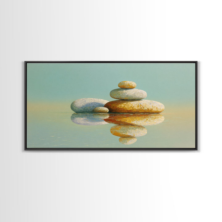 Balanced Stones Beside Calm Water Framed Canvas Print, Yoga Studio Art, Living Room Wall Art, Yoga Studio Decor, Balance, YSA-2x1-72