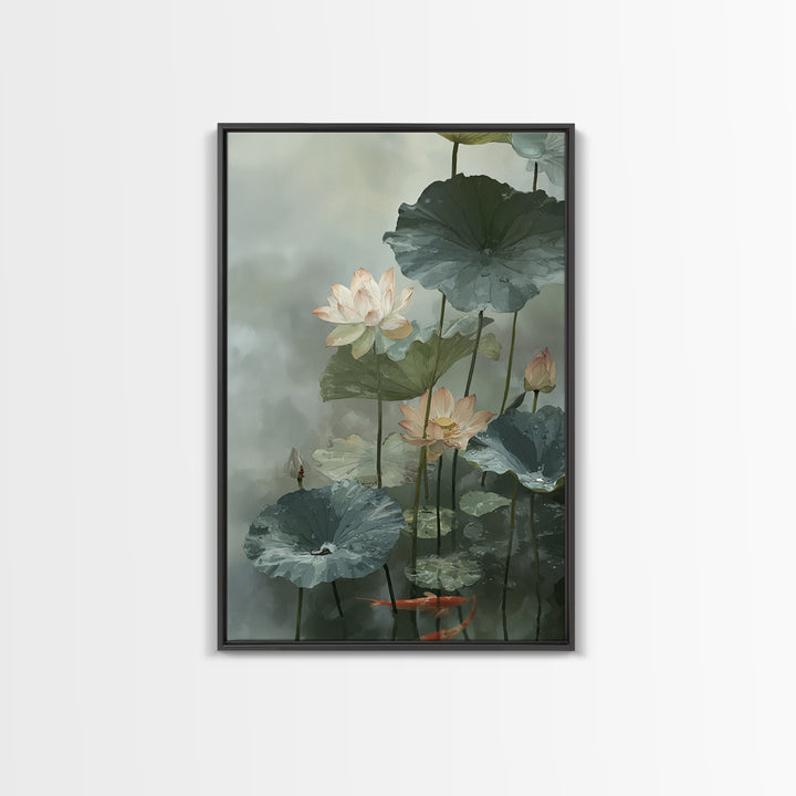 Lotus and Koi Water Scene Framed Canvas Print, Yoga Studio Art, Boho Decor, Yoga Studio Decor, Balance, Bookshelf Decor, YSA-2x3-30