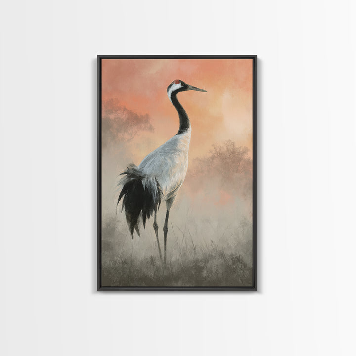 White Crane in Misty Morning Canvas Print, Yoga Studio Art, Mandala Wall Art, Yoga Studio Decor, Oil Painting, Balance, YSA-2x3-95