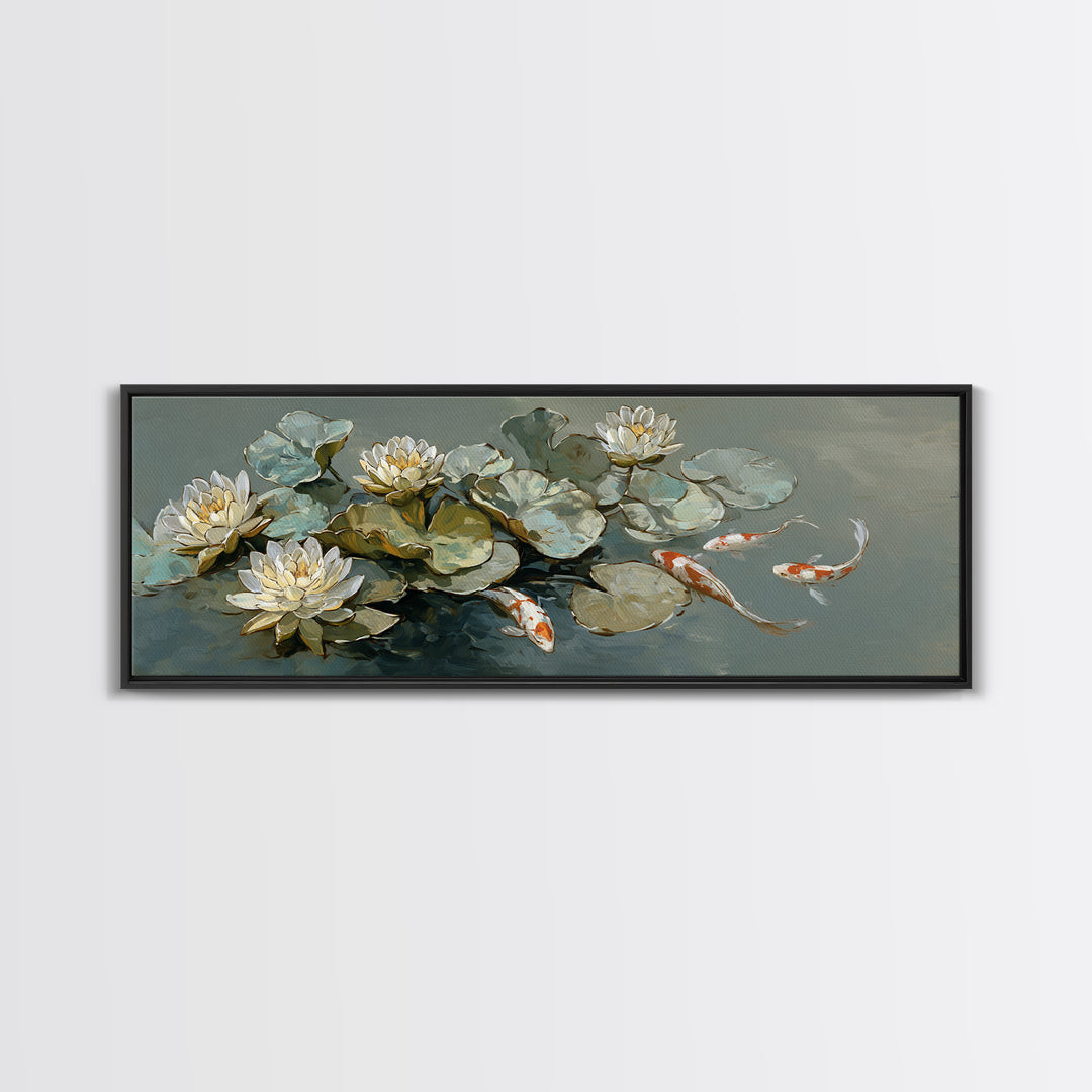 Lotus and Koi Water Scene Canvas Print, Yoga Studio Art, Boho Wall Hanging, Yoga Studio Decor, Fine Art, Balance, YSA-3x1-14
