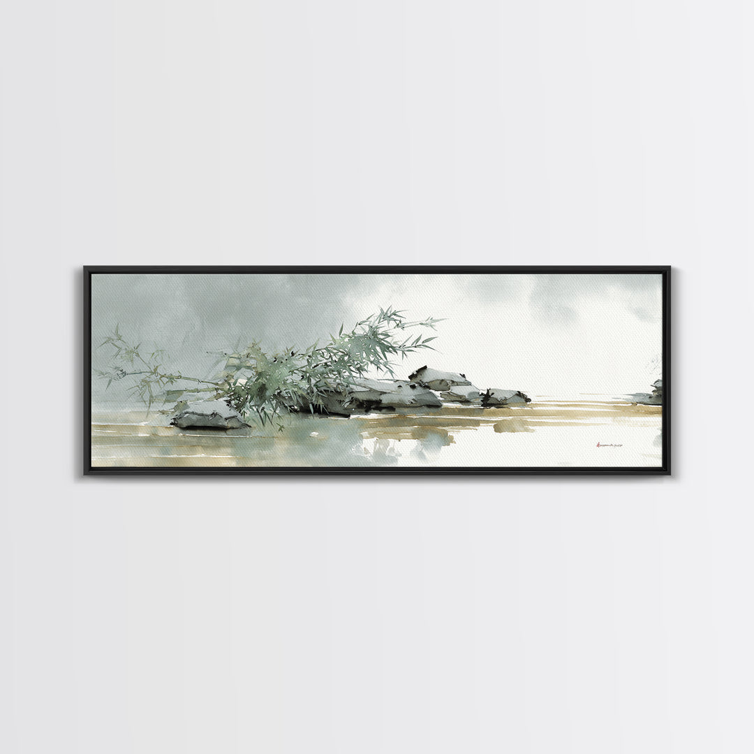 Bamboo and Mist Ink Wash Composition Framed Canvas Print, Yoga Studio Art, Nature Prints, Yoga Studio Decor, Oil Painting, YSA-3x1-74