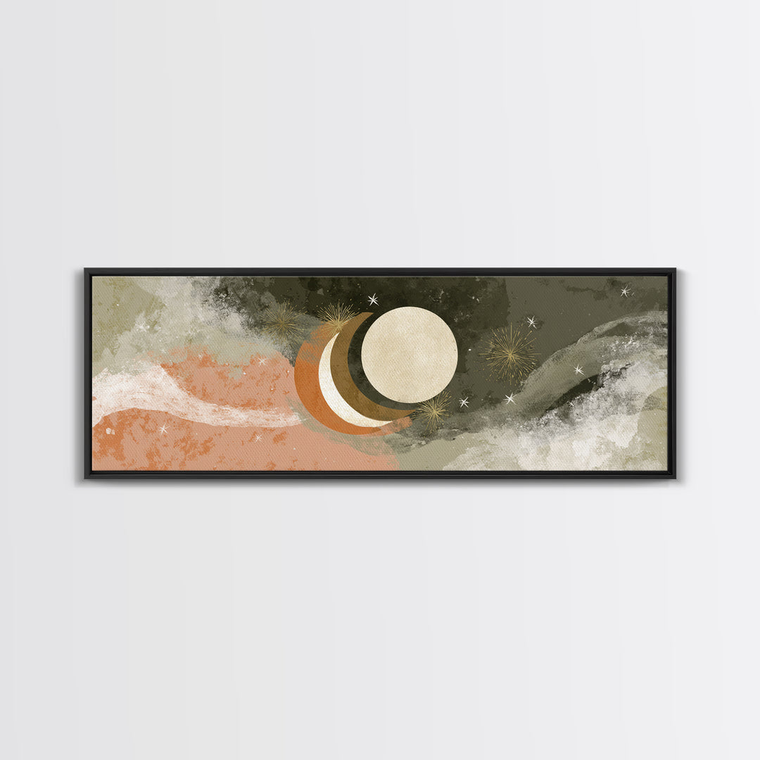Crescent Moon and Stars Framed Canvas Print, Yoga Studio Art, Metal Wall Decor, Yoga Studio Decor, Fine Art, Balance, YSA-3x1-82