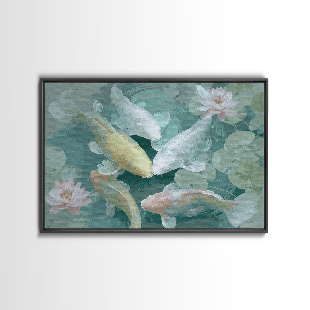 Lotus and Koi Water Scene Framed Canvas Print, Yoga Studio Art, Yoga, Yoga Studio Decor, Fine Art, Balance, Nature Prints, YSA-3x2-2