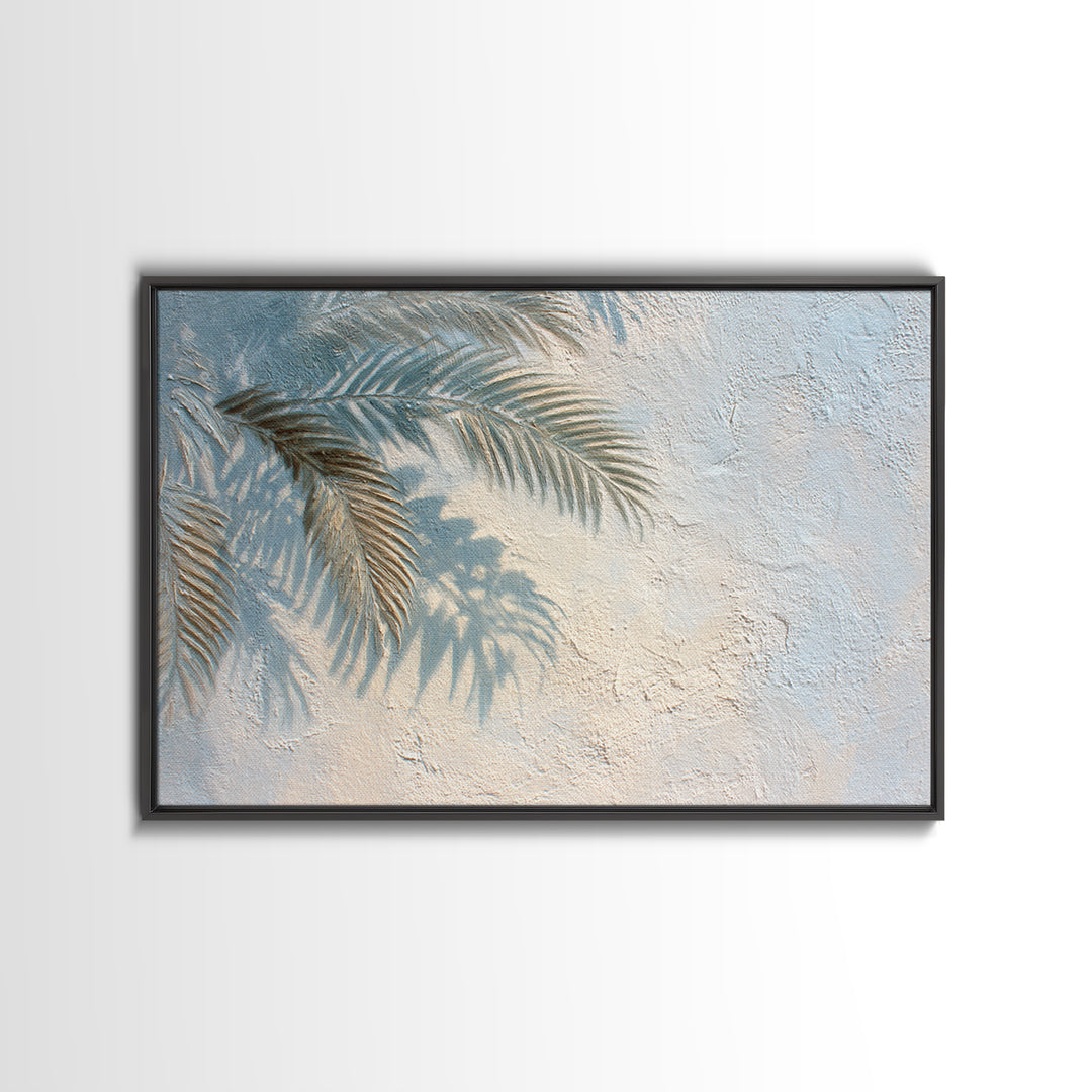 Gentle Palm Leaf Shadow on Plaster Framed Canvas Print, Yoga Studio Art, Minimalist Wall Art, Yoga Studio Decor, Balance, YSA-3x2-28