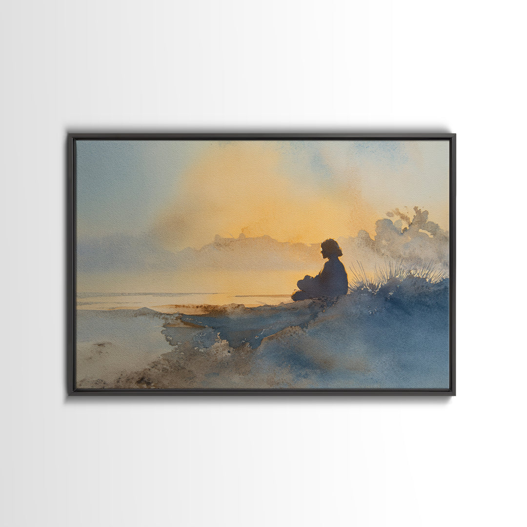 Soft Watercolor Aura Around Seated Figure Canvas Print, Yoga Studio Art, Custom Wall Art, Yoga Studio Decor, Fine Art, Balance, YSA-3x2-3