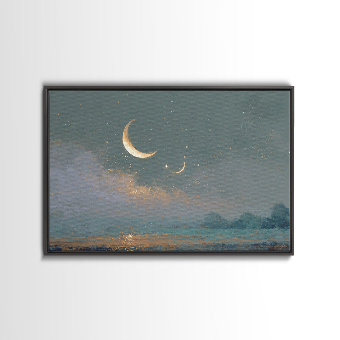 Crescent Moon and Stars Framed Canvas Print, Yoga Studio Art, Large Wall Decor, Yoga Studio Decor, Fine Art, Balance, YSA-3x2-46